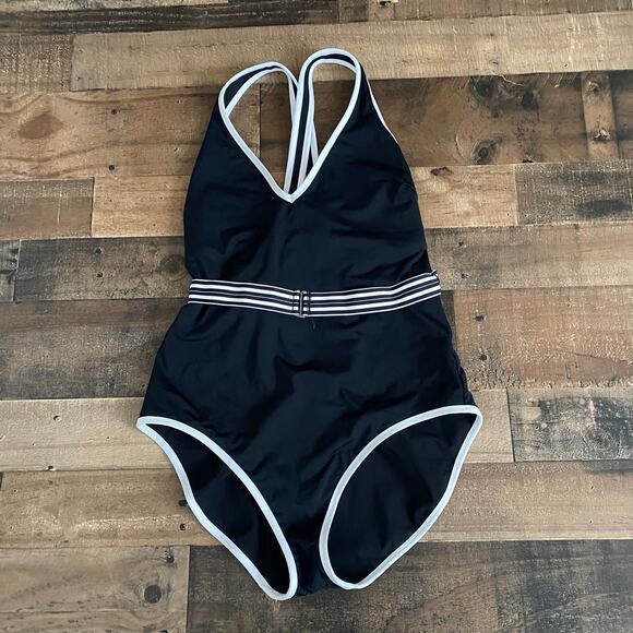 Athleta Gold Coast Solid One Piece Swimsuit Black White Size Large - Picture 1 of 4